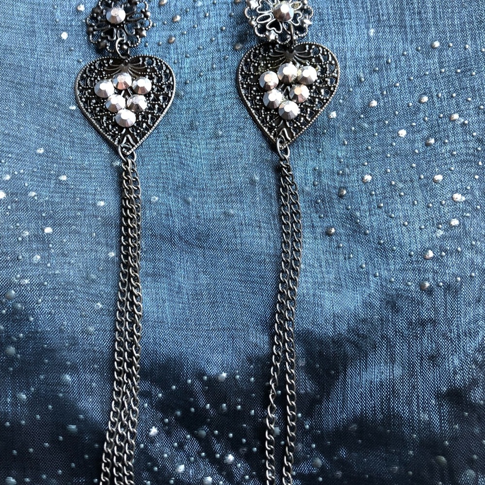 Silver Heart and  Beaded 6” Dangle Earrings